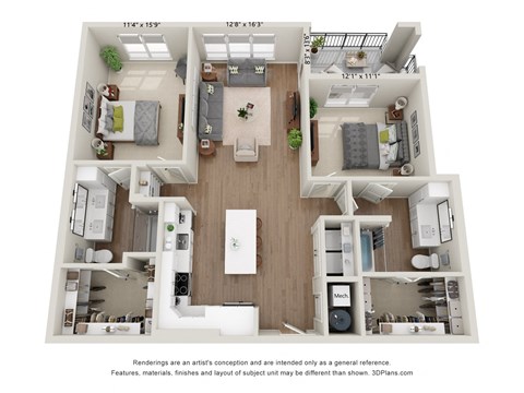 Floor plan for 2 beds, 2 baths, 1240 sqft